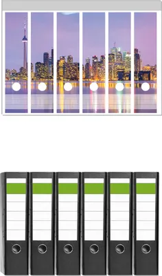 Produktbild von Wallario 6 Stück breite Ordner inkl. Klebeetiketten mit Motive Toronto Skyline - Kanada am Abend -  Set mit Rückenschildern / Ordnerrücken Stickern