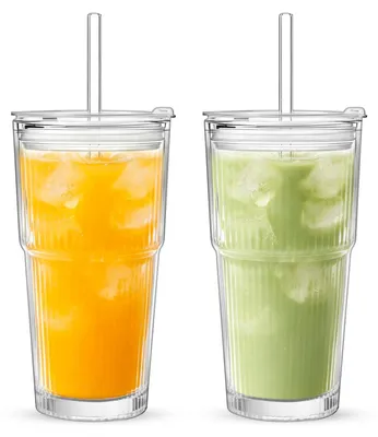 Gläser mit Deckel & Strohhalm 600 ml 2er-Set gerippt