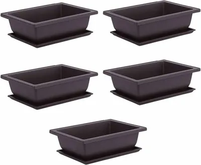 Five identical brown rectangular plant pots with matching saucers are arranged in a staggered pattern against a white background.