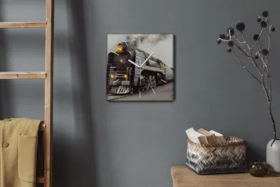 Produktbild von Coloray Hodiny Unikátní 30x30 cm Tiché hodiny Pro obývací pokoj a kuchyň Nástěnné hodiny Plátno Bílé ručičky hodin - Vlak vlaku kouřová mlha