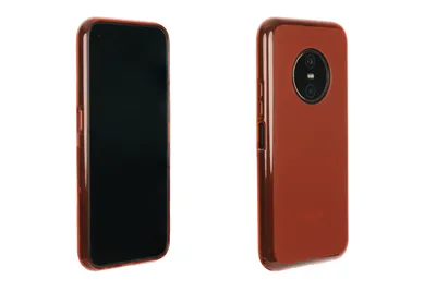 Two views of a red phone case on a white background.