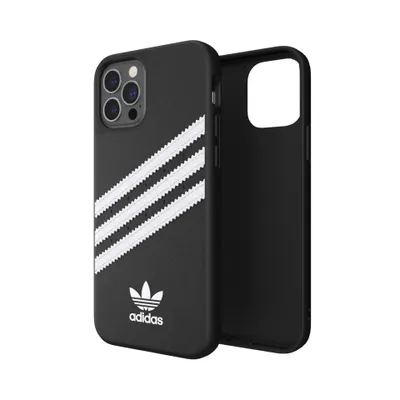 A black iPhone case with white Adidas stripes and logo, shown from the front and side.