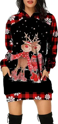 Produktbild von ASKSA Damen Rentier Print Kapuzenpullover Winter Langarm Hoodie Pullover Kleid Pulli Weihnachtskleid, B-Schwarz, M
