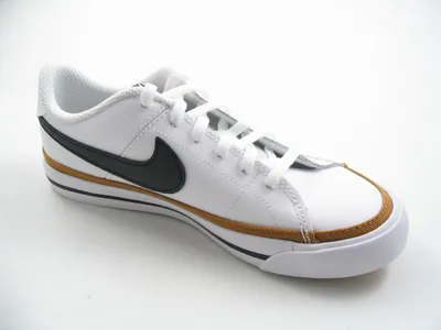 A white Nike Court Legacy shoe with black and brown accents, shown from a side angle on a white background.