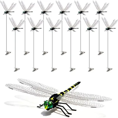Produktbild von 12er Set 3D Libellen-Clips mit Steckern - Realistische Deko-Libellen zur Fliegenabwehr für Garten, Hüte, Tiere & Outdoor