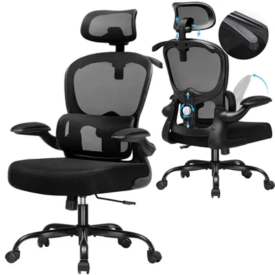 Two views of a black ergonomic office chair against a white background.