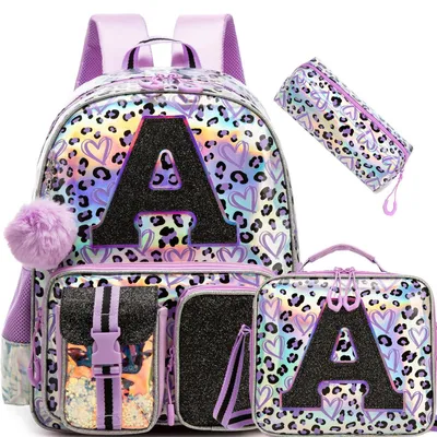 Immagine prodotto di Set di zaino per scuola, modello femminile, composto da 3 pezzi: zaino ergonomico, borsa per il pranzo e astuccio, colore lilla