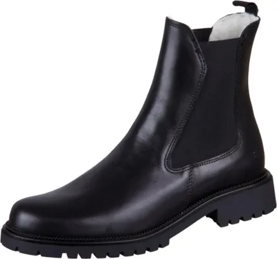 A single black leather boot is shown against a white background.