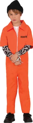 Immagine prodotto di Ladro fuorilegge Halloween bambini costume arancione nero dettaglio manette un pezzo prigione partito avventura rapinatore ragazzi ragazze costume, dimensioni: 110/116 Colore: Arancione