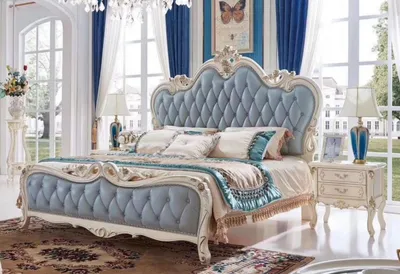 Produktbild von Massivholz Doppelbett mit Kunstleder in Blau Komfort Bett 180x200