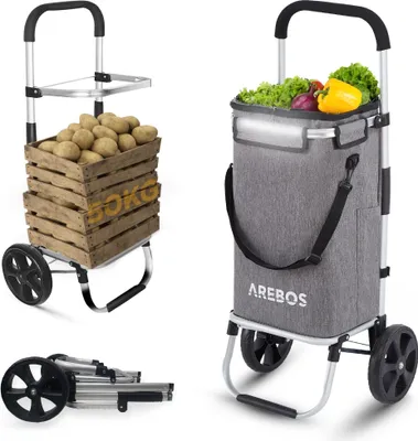 Produktbild von AREBOS 3in1 Einkaufstrolley, Trolley groß 56 Liter, Einkaufswagen mit Kühlfach, Einkaufstasche mit Rollen, Klappbarer Shopper, klappbar Tasche Grau
