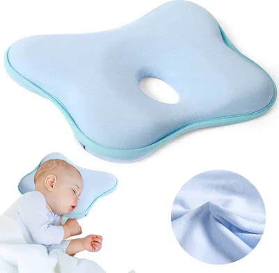 Produktbild von LOZAYI Babykissen, Memoryschaum, reiner Baumwollbezug, 26x23x3cm, orthopädisch gegen Plattkopf, blau, mit konkavem Zentrum, 0-1 Jahre, für Bett, Reisebett, Babywippe, Kinderwagen, Wickeltisch, 170g, mit gleichmäßiger Druckverteilung des Kopfes