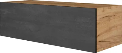 A single, modern-looking cabinet with a wood-grain finish on the right and a dark gray finish on the left, presented against a white background.