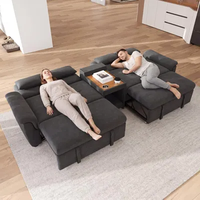 Obrázok produktu pre Rozťahovacia sedačka Merax v tvare U, dvojposteľ, sedačka s priestorom pre domáce zvieratá, držiakmi na poháre, 4 vankúšmi, potiahnutá materiálom chenille, tmavosivá