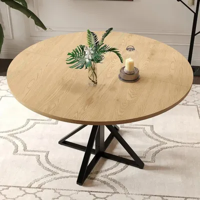 Image de Table ronde pour repas - Style campagnard moderne - Diamètre de 119 cm - Plateau en bois - Structure en métal en forme de "K" - Pour 4 personnes - Aspect bois
