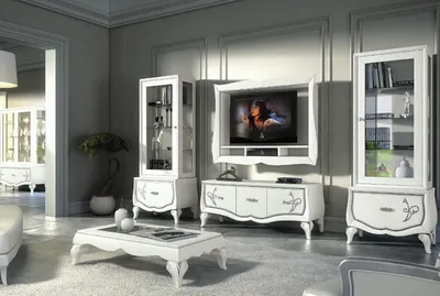 Obrázek produktu pro Kompletní obývací nábytek, sada 4 kusů: televizní stolek, skříňka pod televizi, vitrína, komoda. Designový nábytek