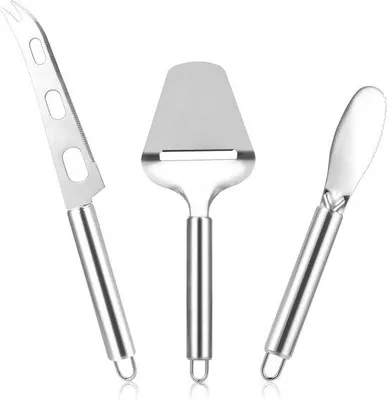Productafbeelding van Ibenzoa® 3-delige kaas snijset van roestvrij staal – Kaasschaaf 22 x 5,5 cm, getand kaasmes 26 x 2 cm, botermes 21 x 8,6 cm, ergonomisch ontwerp, vaatwasmachinebestendig