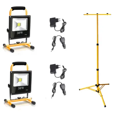 Zdjęcie produktu dla Jopassy 2x30 W LED – reflektor budowlany, lampy robocze na akumulator, światło zimnobiałe, z podwójnym statywem, reflektor, lampa robocza, reflektor punktowy, IP66