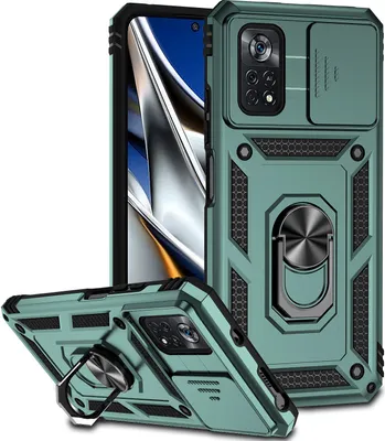 Produktbild von Xiaomi Poco X4 Pro 5G Hülle mit Schiebe Kamera Schutz und Ringhalter Ständer Robust Rüstung Schutzhülle für Xiaomi Poco X4 Pro 5G Grün