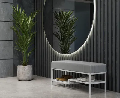 Produktbild von AX LIVING Sitzbank mit Schuhablage Shelie 80 cm – Grau, Weiß-Metallgestell