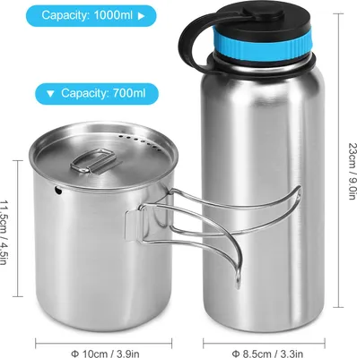 Produktbild von 1000 ml vakuumisolierte Edelstahl-Wasserflasche mit 700 ml Becher zum Aufhängen, für Outdoor-Survival, Camping, Wandern, Rucksackreisen