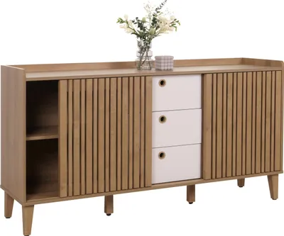 Produktbild von Sideboard MCW-M48, Kommode, Schiebetür Staufach, MDF 81x150x40cm  natur, Schubladen weiß