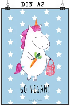 Produktbild von Mr. & Mrs. Panda Bild Einhorn Vegan DIN A2 - Blau Pastell - Geschenk, wanddeko, Gesund essen, Kunstdruck, drucke, Veganer, Leben, Unicorn, Deko, Wandbild, Rohkost