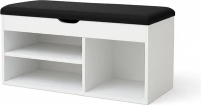 A white shoe cabinet with a black upholstered seat on top, shown against a white background.