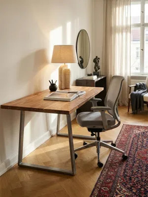 Der Bürotisch aus Massivholz kombiniert mit einem schwarzen Design-Bürostuhl und einem schwebenden Wandregal vor einer Kalkputzwand._#sku_SAFWL7.268#