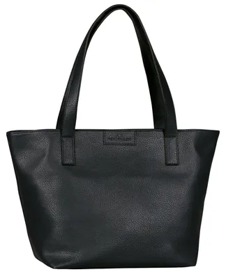 A black leather tote bag with shoulder straps is shown against a white background.