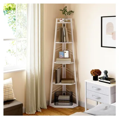 Produktbild von Eckregal, 5-stöckiges Leiterregal, Industrielles Bücherregal, Bodenstehendes Regal, Offenes Standregal aus Holz, für Wohnzimmer, Flur, Schlafzimmer, Home-Office, Weißes Lagerregal