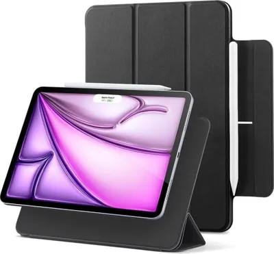 A black iPad case with an iPad and Apple Pencil displayed.