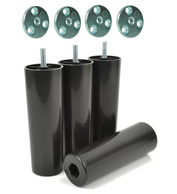 Obrázek produktu pro Sada 4 ks plastových nožiček na nábytek, černé, M8 x 25 mm, výška 150 mm, včetně 4 ks montážních podložek z oceli, Ø 40 mm; nožičky na pohovky, postele a skříně