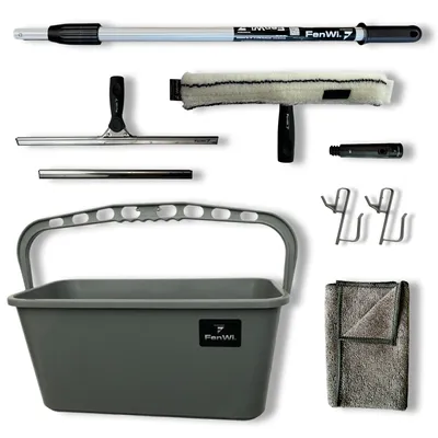 Produktbild von FenWi Profi Fensterputzer Set mit Fensterabzieher 25 und 35 cm – Mikrofaser Fensterwischer – Teleskopstange 125 cm – Eimer
