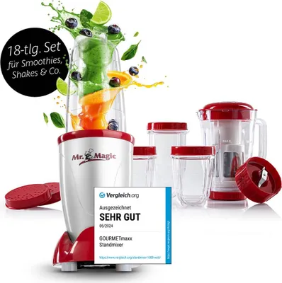 A blender set with various accessories and a review badge.