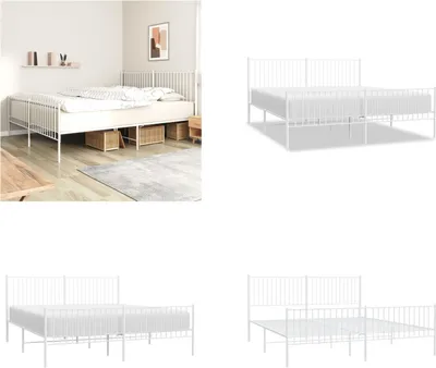 Zdjęcie produktu dla vidaXL Rama łóżka z wezgłowiem i podnóżkiem metalowa biała 200x200 cm - Rama łóżka - Ramy łóżka - Rama łóżka - Łóżko
