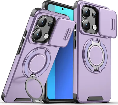 Immagine prodotto di Custodia a doppio strato per Xiaomi Redmi Note 13 Pro 5G, con copertura scorrevole della fotocamera e supporto ad anello magnetico Viola
