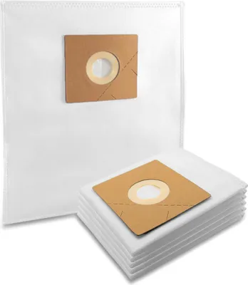 A stack of white vacuum cleaner bags with brown cardboard collars, one bag is shown separately.