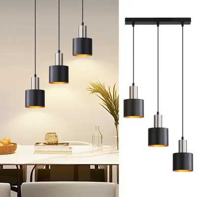 Image de ZMH Suspension Table de salle à manger E27 Suspension 3 feux Lampe de salle à manger Noir Or Suspension Ilot de cuisine Lampe industrielle Sans ampoules
