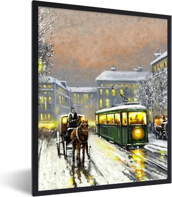 Produktbild von MuchoWow® Gerahmtes Poster Gemälde - Ölgemälde - Winter - Straßenbahn - Pferd 60x80 cm - Poster mit Schwarzem Bilderrahmen Wandposter Rahmen Foto Bilder - Premium - Wanddeko Wohnzimmer