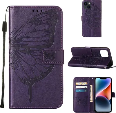 Produktbild von iPhone 14 Plus Hülle, Schmetterling Prägung Flip Leder Kartenfächer Schutzhülle Ledertasche mit Ständer für iPhone 14 Plus Lila
