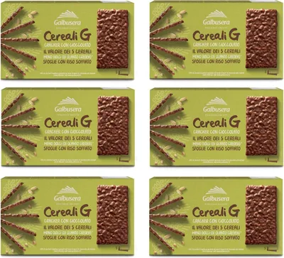 Produktbild von 6x Galbusera Cereali G Crackers Puffreis mit Schokolade überzogen snack 150g Die Packung enthält 5 Portionen von 2 Crackern