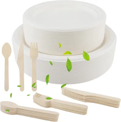 Produktbild von Set aus Papptellern und Besteck aus Zuckerrohr, 250 Stück | Umweltfreundliche Einwegartikel für Grillfeste, Camping, Picknicks oder Partys
