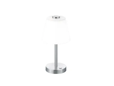 A white table lamp with a silver base and stem, and a white conical shade.