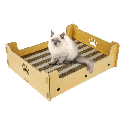 Produktbild von Heikoeco® Kratzbretter Katze Pappe, Kratzpappe für Katzen groß xxl Haus, Kratzmatte Katze aus aus hochwertiger Pappe 48,5x40x15,5cm, gelb-weiße Pappe
