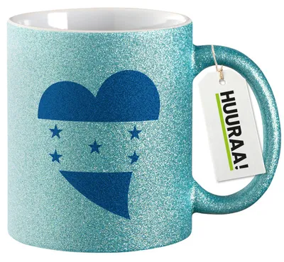 Produktbild von Huuraa Glitzertasse Honduras Flagge Herz 330ml Blau Keramik Kaffeebecher Geschenkidee