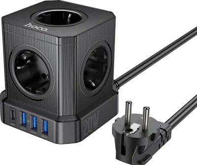 Productafbeelding van HOCO multifunctionele verdeeldoos met 5 stopcontacten + 3 x USB-A + Type C, voldoet aan de EU-normen, 4000W, PD, QC 3A, NS8, 2 meter, zwart