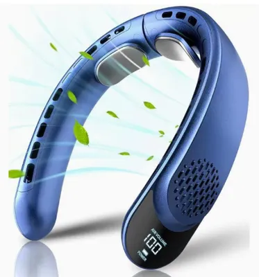 Produktbild von Wiederaufladbarer Nackenventilator mit Display, 3 Geschwindigkeitsstufen, 4000-mAh-Akku, USB-C-Anschluss, tragbar und leise – ideal für Reisen und Outdoor-Aktivitäten. Farbe: Blau.