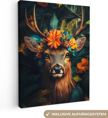 Produktbild von Leinwandbilder 60x80 cm - Tiere, Blumen - Hirsche, Bilder Wohnzimmer Modern, Wanddeko