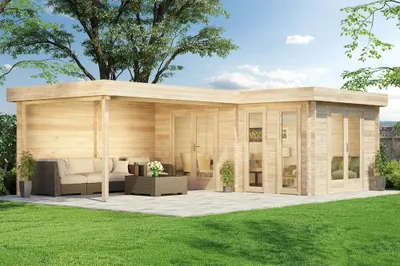 Produktbild von Alpholz Gartenhaus Modell Quinta ISO aus Holz (Naturbelassen) in Blockbohlenbauweise, mit Anbau, Terrasse, Größe: 727 x 525 x 236 cm mit 70mm Wandstärke, Flachdach